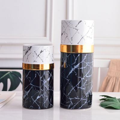 China Art Decor Simple Modern Luxury Marble Gold Line Ins Style Ceramic&Porcelain Vase For Home Decor for sale