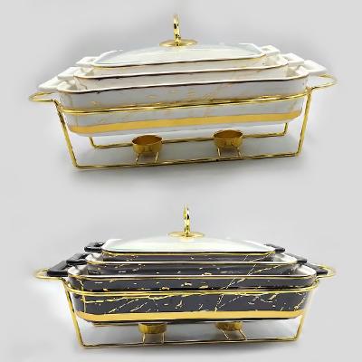 China Porcelain Stocked Nordic White Black Marble Pots , Ceramic Casserole Pot With Lid Gold Glass Shelf for sale