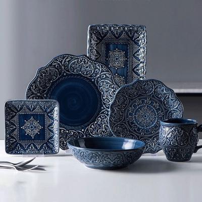 China Baroque Home Blue Petal Creative Personality Dinner Bowl Dinner Bowl Set Stocked Ceramic Dishware Set for sale