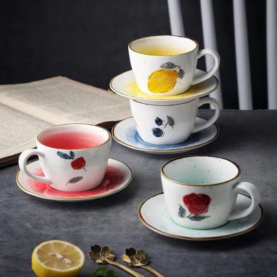 China Newest Retro Creative Lemon Coffee Cup Stocked Ceramic Cup And Saucer Set Japanese Afternoon Tea Cup for sale