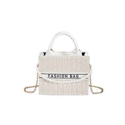 China Other Trendy Casual Vintage Straw Crossbody Bag With Pearl Handles Square Shoulder Bags For Women for sale