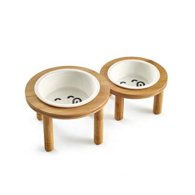 China New ECO Sustainable Cat Ceramic Bowls Pet Dining Wooden Table Cat Feeder Bowl With Raised Bamboo Rack for sale