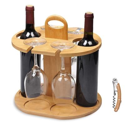 China Viable Glass Wine Rack Cup Holder With Handle - Wine Organizer Bamboo Stand Countertop Tabletop Display for sale