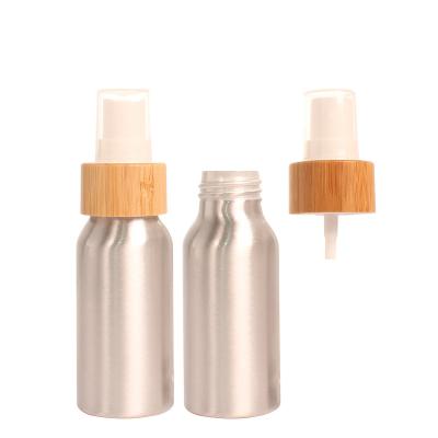 China Personal Skin Care Packaging 50ml Round New Next Shape Aluminum Color Mist Spray Bottle Wholesale Aluminum Spray Bottle Silver Bamboo Atomizer Pump for sale