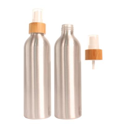 China Personal Skin Care Packaging 250ml Make Your Own Label Round Shape Silver Color Alum Bottle With 24/410 Atomizer Bamboo Mist Bottle Spray Aluminum for sale