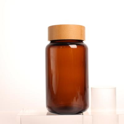 China Bamboo Amber Brown Color Glass Jar Cap Bottle 400ml Capsule Pill Tablet Storage Bottle For Medicine Vitamin Capsule Storage Packaging for sale