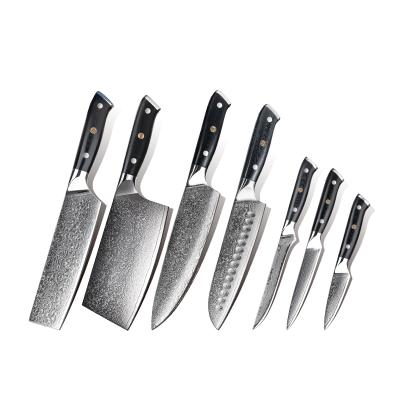 China VG10 Damascus Steel 67Layers 7pcs Kitchen Knives Set Damascus Santoku Tool Stainless Steel High Quality Slicing Knife Set for sale