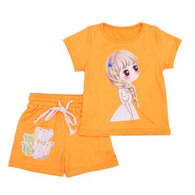 China Cute 2 Piece Casual Orange Cartoon Girl Clothing Set Baby Kids Toddler T-shirt Printing Clothing Set for sale