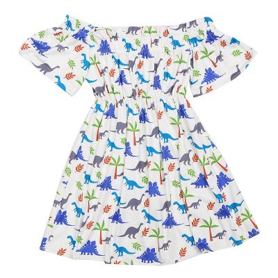 China 2022 New Style Logo Dinosaur Printed Summer Custom Made Off Shoulder Anti-wrinkle Teenage Toddler Girls Dresses for sale