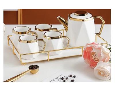 China Sustainable European Style Ceramic Teapot Set Rhombus With Gold Edge Coffee Kettle High Value Coffee And Tea Sets for sale