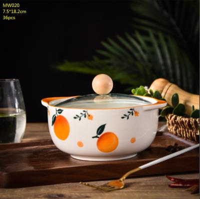 China Japanese style viable cute ceramic soup bowl with two handles instant noodle bowl with glass cover soup pot for sale