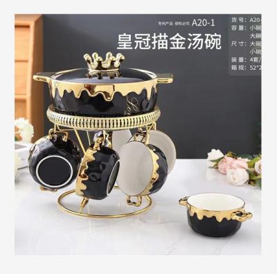 China Crown Stocked Shape With Stand Ceramic Soup Pot Set Soup Bowls With Handles Gold Decorative Ceramic Tureens With Lid for sale