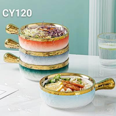 China Viable Nordic Style Salad Bowl With Edge And Gold Color Gradient Bakeable Mixing Bowls With Handles Ceramic Cooking Bowl for sale