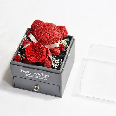 China Luxury eternal flower+acrylic drawer box 2022 artificial flowers flower boxes for mother's day gift jewelry box for sale