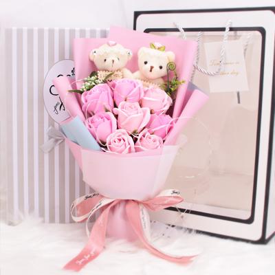 China Hand made soap rose bouquet gift box artificial soap flower with bear and led birthday valentine wedding gift for sale