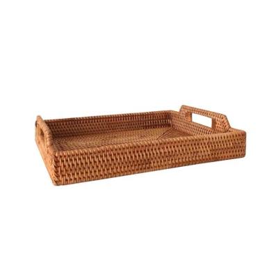 China Sustainable Rectangular Handwoven Fruit Tray Rattan Bread Storage Basket Serving Tray Breakfast Tray for sale