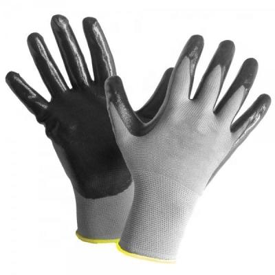 China Puncture And Tear Resistance Best Price 15gauge Polyester Coating Black Nitrile Gray Palm Coated Work Gloves for sale