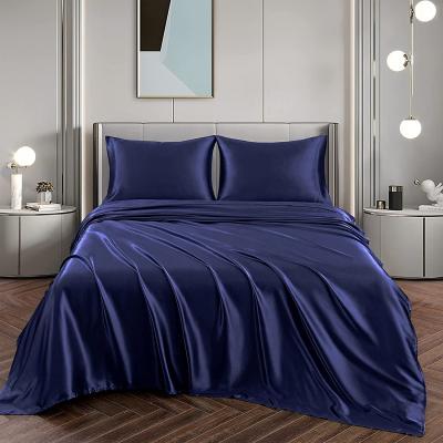 China Wholesale High Quality Anti-static Navy Blue Bedding Satin Sheet Duvet Cover Set Embroidered Bed Sheet Set Solid for sale