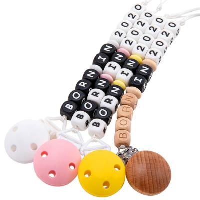 China Custom BPA Silicone Baby Pacifier Clip Free Letter Beads Pacifier Chain Clip Baby Shower Memorial Gift for sale