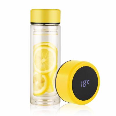 China Sustainable Glass Water Bottle With Led Lid With Temperature Tea Infuser 350ml Glass Water Bottle for sale