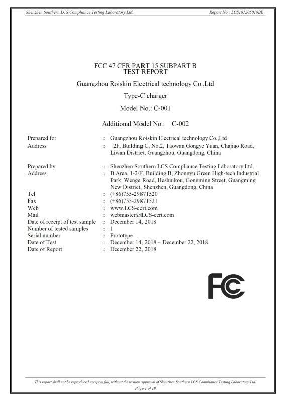 FCC - Roiskin (GZ) Electrical Technology Co., Ltd.