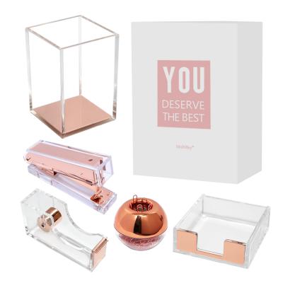 China 100% Eco-Friendly Lightweight Luxury Office Gifts Set Rose Gold Acrylic Desk Accessories Stapler Organizer Supplies For Women for sale