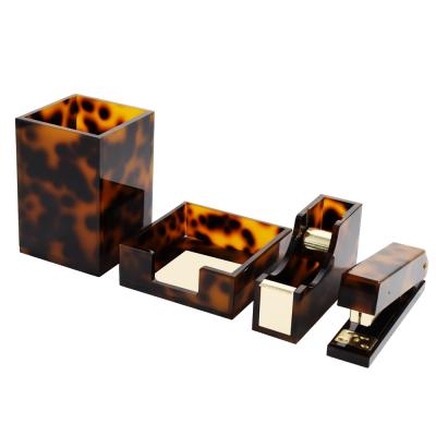 China Office Desk Supplies Table Organizer Set Acrylic Brown Leopard Desk Accessories for sale