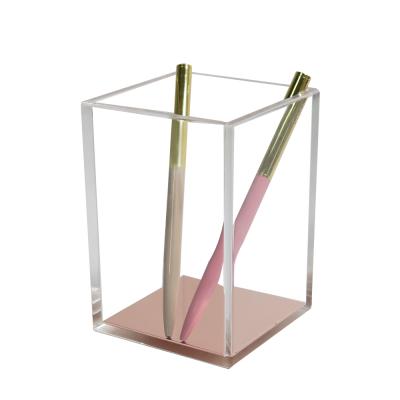 China Single Square Holder Desk Organizer Acrylic Makeup Brush Plastic Barrel Pen Holder Rose Gold for sale