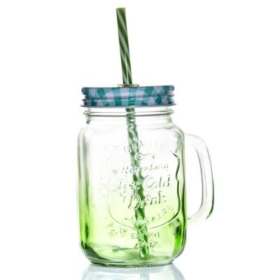 Cina 500ml logo embossed fruit juice drink glass mason jar with handle and lid in vendita