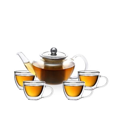 China Glass Tea Set Glass Teapot Tea Infuser and 4 Double-Wall Insulated Glass Cups zu verkaufen