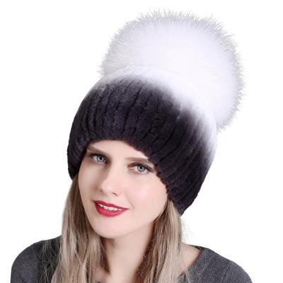 China COMMON designer handmade women's pom pom rabbit fur hat luxury warm white beanie hat for winter for sale