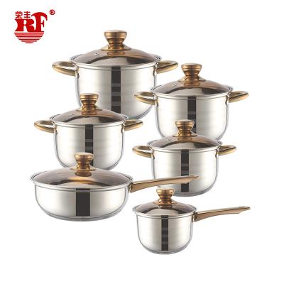 China Sustainable Color Golden Handle Cooking Pot 12pcs Stainless Steel Cookware Set With Glass Lid for sale