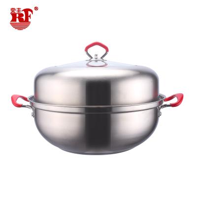 China Sustainable Stainless Steel Double Layer Steamer Pot With Red Lid Silicone Handle for sale