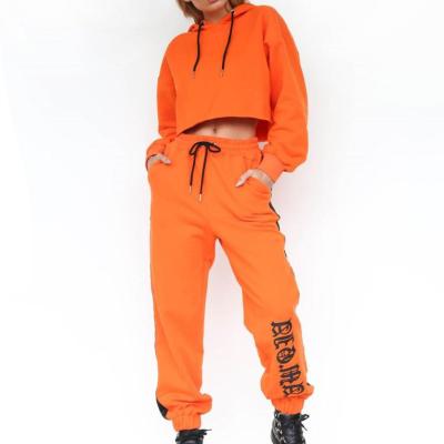 China Wholesale Plain Orange Sweat Suits Anti-UV For Women Cotton Cropped Track Hoodie And Pant for sale