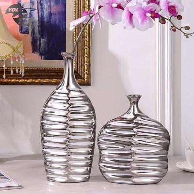 China Office table silver color home vase ornament stripe electroplating ceramic flower vase for sale