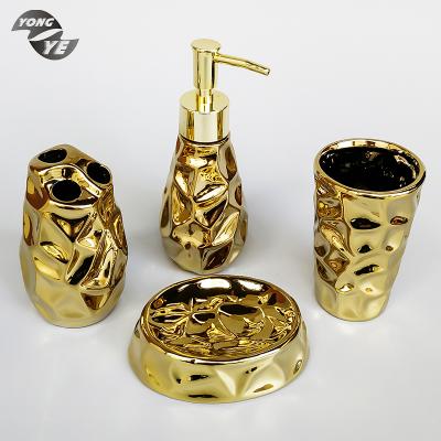 China Sustainable Elegant Western Decorative Custom Ceramic Bathroom Accessories Gold Plating Bath Set for sale