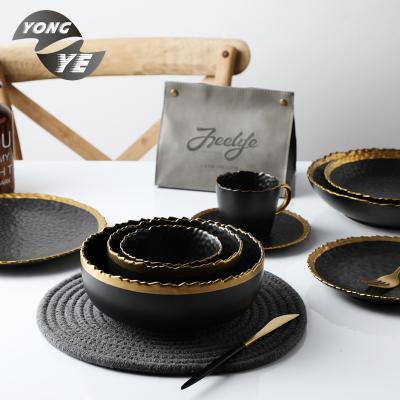 China Sustainable Modern Decorative Black Gold Rim Ceramic Kitchen Set Of Eight Dinnerware Sets for sale