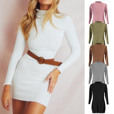 China 2022 Spring Breathable Cheap Casual Long Sleeve Bodycon Mini Rib Knit Sweater Dress Women for sale