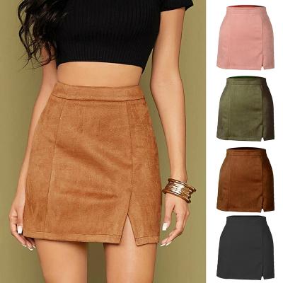 China 2022 Fashion Lady Breathable Suede High Waist Mini Leather Skirt With Slit for sale