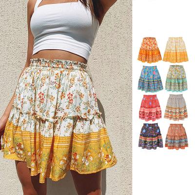 China Breathable 2022 High Waist Gypsy Ruched Boho Summer Beach Floral Mini Skirt Women for sale