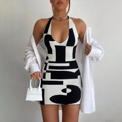 China 2021 Breathable Halter Neck Women Casual Ribbed Graphic Knitted Bodycon Mini Dress for sale