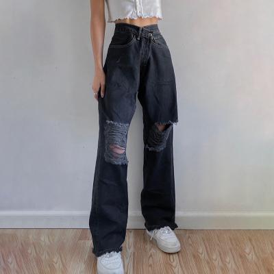 China 2021 Loose Ripped Women High Rise Distressed QUICK DRY Black Straight Leg Denim Mom Jeans Customized Vintage Loose Stretchy Fashion for sale