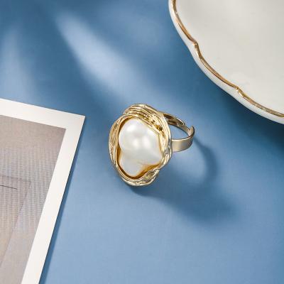 China Religious Girls Exaggerated Metal Texture Ring Ring Shape Pearl Inlaid Simple Irregular Opening Index Ring for sale