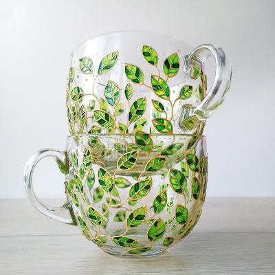 China Home Bar Hotel Restaurant Mugs Floral Mugs For Couples Tea Cups Hand Painted Green Leaves Mug Gardening Glass Mugs for sale