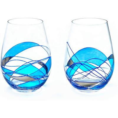 China New Hand Painted Blue Line Mediterrani Swollen Mouth Classic 21oz/Postmodern Stemless Wine Glass with Blue Swirl for sale