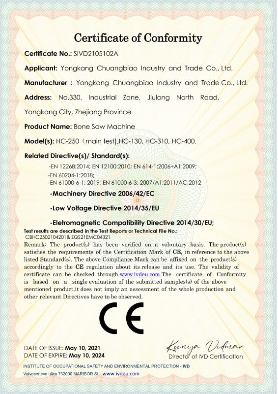 CE - Yongkang Chuangbiao Industry And Trade Co., Ltd.