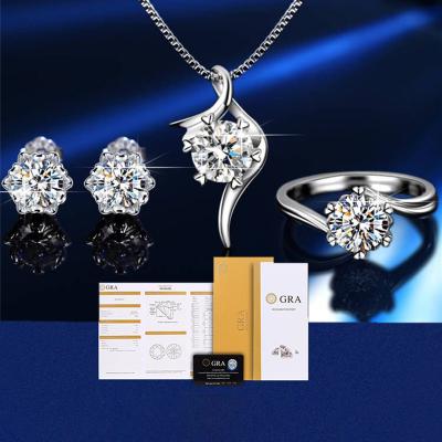 China Hot Sale Romantic Classic Six Fork Circle Necklace Earrings Jewelry Set S925 Sterling Silver Moissanite One Carat for sale