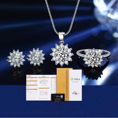 China Hot Sale S925 Sterling Silver Sunflower Moissanite Ring Earring Necklace Pendant Jewelry Romantic Three Piece Set for sale