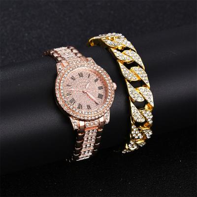 China Full Starry Wind Full Diamond Bracelet Set Diamond Roman Literal Steel Band Watch Temperament Business Quartz Watch Hip Hop Auto Date for sale