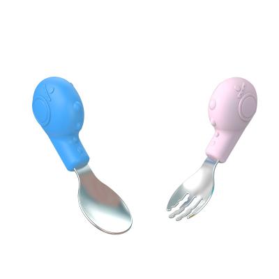 China BPA Material Defensive Stance 304 Stainless Steel OEM Serving Baby Dinosaur Spoon And Fork Training Tableware for sale